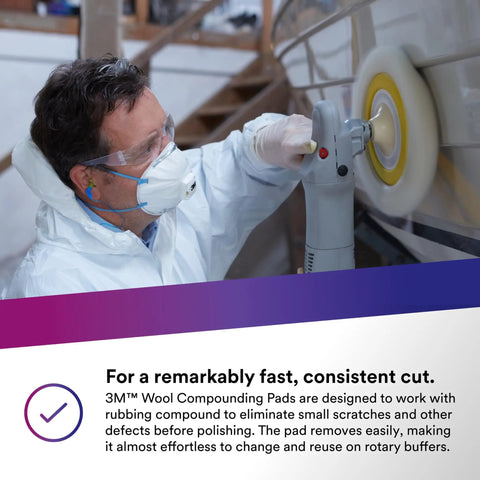 Person using Wool Compounding Pad Set For Auto Paint Finishing, Pro Grade Fast Cutting Power on a car, wearing protective gear