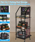Heavy Duty Fishing Rod Storage Rack For Garage Organization Holds Up To 12 Rods With Pegboard And Hooks Durable Iron Frame And Wood Shelf Rolling Tackle Cart For Easy Garage Tidy And Quick Access, showcasing fishing reels and gear