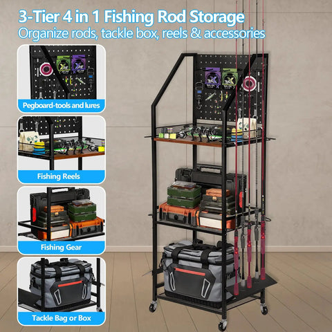 Heavy Duty Fishing Rod Storage Rack For Garage Organization Holds Up To 12 Rods With Pegboard And Hooks Durable Iron Frame And Wood Shelf Rolling Tackle Cart For Easy Garage Tidy And Quick Access, showcasing fishing reels and gear