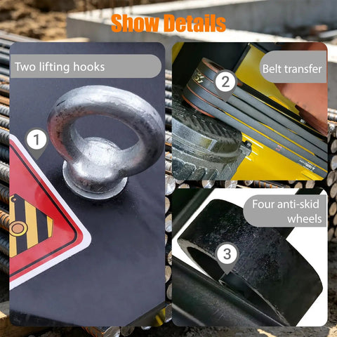 Shop Grade 220V Rebar Bender Machine detail with two lifting hooks, belt transfer system, and four anti-skid wheels.