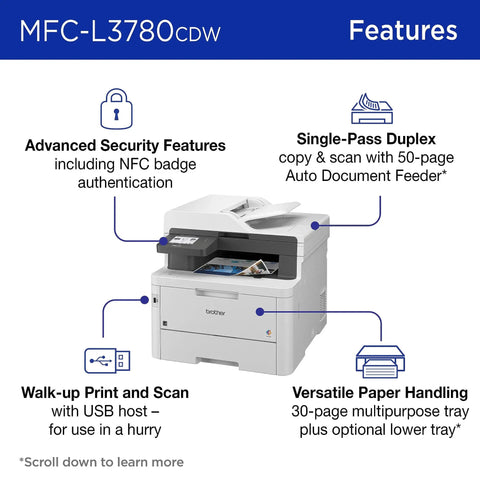 MFC-L3780CDW Wireless Color All In One Printer with laser quality output, single-pass duplex, built-in fax, Alexa compatible
