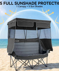Two Person Camping Chair With Canopy Shade, Oversized Heavy Duty Loveseat for beach with sunshade protection in black.