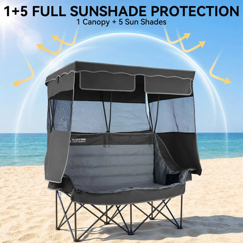 Two Person Camping Chair With Canopy Shade, Oversized Heavy Duty Loveseat for beach with sunshade protection in black.