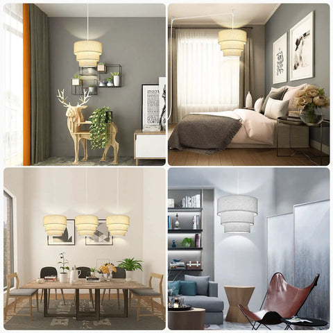 Plug In Pendant Light With Beige Linen 3-Tier Drum Shade, cozy ceiling light for bedroom, dining table, and living room.
