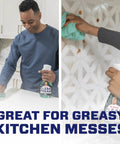 Man using Clean Freak Multi Surface Cleaning Spray Starter Kit With Deep Cleaning Mist on kitchen counter, text 'Great for Greasy Kitchen Messes'