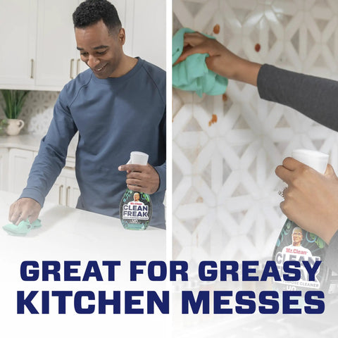 Man using Clean Freak Multi Surface Cleaning Spray Starter Kit With Deep Cleaning Mist on kitchen counter, text 'Great for Greasy Kitchen Messes'