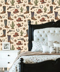 Vintage Wild West Peel and Stick Wallpaper Self Adhesive for Rustic Barn Decor in a bedroom with cowboy boots and hats design.