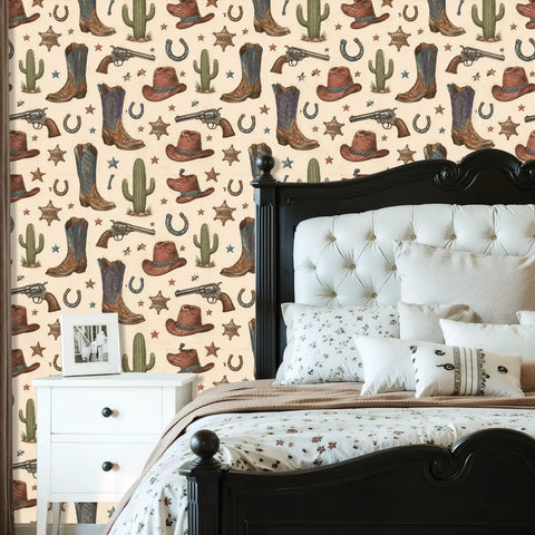 Vintage Wild West Peel and Stick Wallpaper Self Adhesive for Rustic Barn Decor in a bedroom with cowboy boots and hats design.