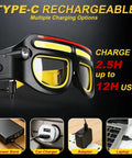 Rugged Job Site Ready Hands Free Glow Up Led Safety Glasses With Five Bright Adjustment Light Modes showing USB charging options.