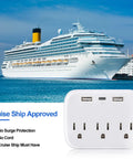2 Piece Cruise Power Strip With USB Ports Travel Adapter For Cruise Ship Essentials in front of a cruise ship