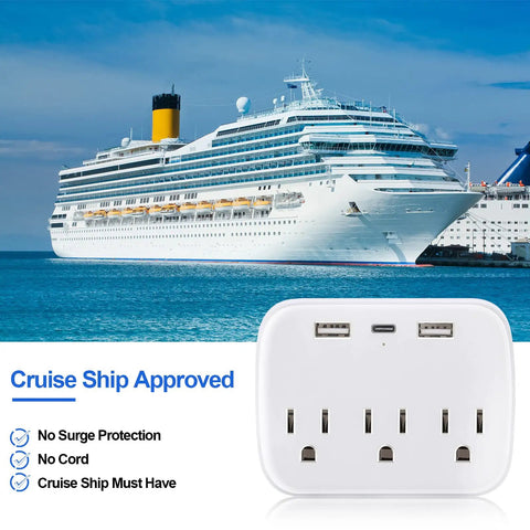 2 Piece Cruise Power Strip With USB Ports Travel Adapter For Cruise Ship Essentials in front of a cruise ship