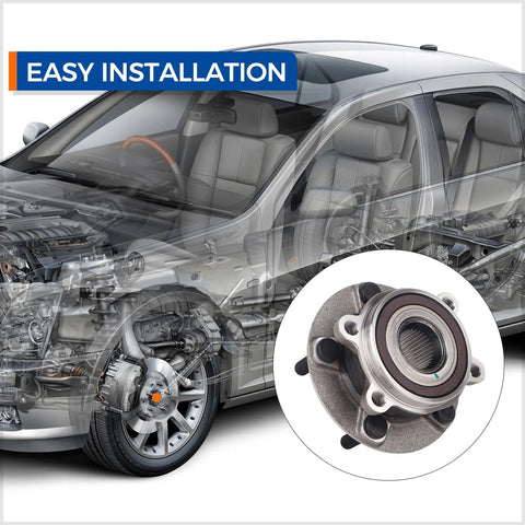 Front Wheel Hub Bearing Assembly Plug And Play Direct Fit Replacement For Mazda 6 2014 2019 And Mazda CX 5 2013 2022 With Easy Install And Durable Steel Construction, shown with installation guide next to car outline.