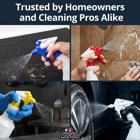 Shop Grade Drip Proof Spray Trigger Heads 5 Pack Chemical Resistant Refills For Auto Detailing Car Wash Window Cleaning And Janitorial Bulletproof Heavy Duty Nozzles in use with various adjustable nozzle colors.