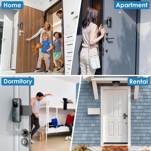 All Metal Anti Theft Doorbell Mount For Blink Video Doorbell 1st Gen Not For 2nd Gen No Drill Installation And Not Block Motion Sensor Bracket Gray Durable Stainless Steel Outer Cover With Anti Theft Screws shown in various door settings of home, apartment, dormitory, and rental.