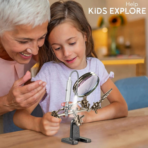 Helping Hand Magnifier Glass Stand With Flexible Neck LED Light And Alligator Clips 3X Magnification on desk with happy users