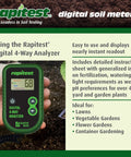 Hand holding 4 Way Digital Soil Analyzer for pH and moisture temperature and light with easy readouts and corded probe.