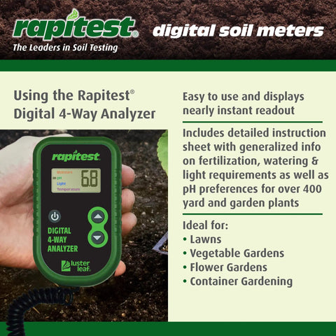 Hand holding 4 Way Digital Soil Analyzer for pH and moisture temperature and light with easy readouts and corded probe.