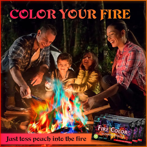A family enjoying a bonfire with Totally Lit Color Changing Fire Packets For Fire Pits And Bonfires, rainbow flames visible, 48 Pack.