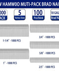 Top Shelf Badass 18 Gauge Brad Nails Assortment Featuring 304 Stainless Steel 5000 piece multi-pack showing five sizes.