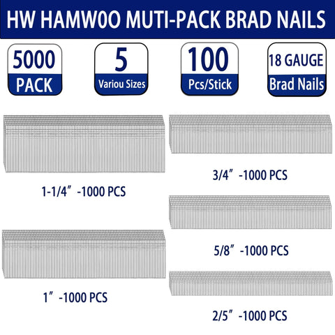 Top Shelf Badass 18 Gauge Brad Nails Assortment Featuring 304 Stainless Steel 5000 piece multi-pack showing five sizes.
