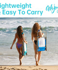 Two women walking on beach carrying Grab And Go Lightweight Folding Beach Chair For Adults With Shoulder Straps And High Back