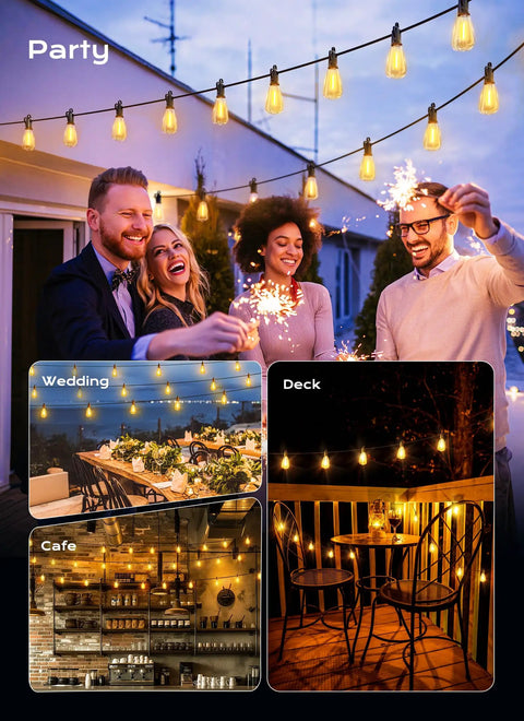 Party scene with 100 Foot Outdoor String Lights ST38 Shatterproof LED Bulbs Dimmable And Waterproof on rooftop at night.