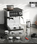 Ditch The Daily Coffee Run With This Pro Home Espresso Maker Featuring A Built In Grinder And Adjustable Milk Frother 15 Bar Extraction Pump Plus Instant Hot Water For Smooth Daily Lattes on a kitchen counter with coffee accessories.