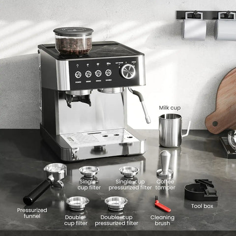 Ditch The Daily Coffee Run With This Pro Home Espresso Maker Featuring A Built In Grinder And Adjustable Milk Frother 15 Bar Extraction Pump Plus Instant Hot Water For Smooth Daily Lattes on a kitchen counter with coffee accessories.