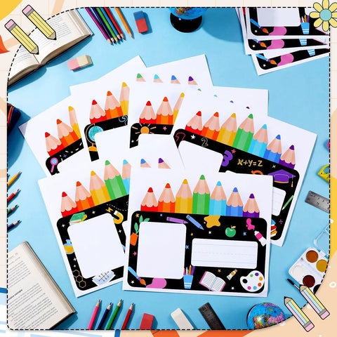 Colorful 36 Pack Desk Name Plates With Photo Space Self Adhesive Kids Name Tags For Classroom Organization 6.9 Inch Long 2.4 X 2.75 Inch Photo Window arranged on blue desk with stationery.