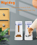 Two Pack Automatic Pet Feeder And Gravity Water Dispenser For Cats And Dogs Serving Up A No Sweat Self Refilling Setup That Keeps Fur Babies Full And Hydrated Without Any Headaches In A Rock Solid One Gallon White Build with dog near white container.
