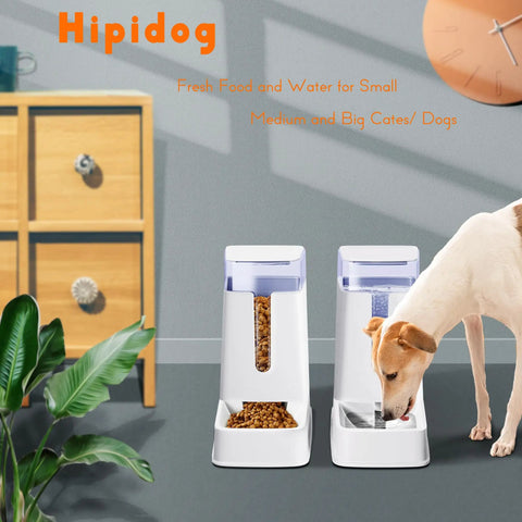 Two Pack Automatic Pet Feeder And Gravity Water Dispenser For Cats And Dogs Serving Up A No Sweat Self Refilling Setup That Keeps Fur Babies Full And Hydrated Without Any Headaches In A Rock Solid One Gallon White Build with dog near white container.