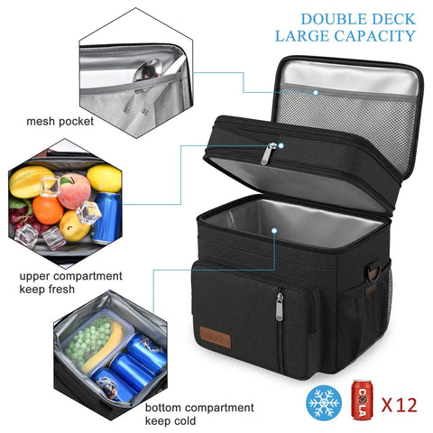 Double Deck Insulated Lunch Bag With 15L Capacity, Leakproof Soft Sided Cooler for Work, Beach, Picnics, and Travel, open view