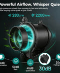 4 Inch Duct Fan With Speed Controller Inline Exhaust Fan Black, 280 CFM Airflow, 2200 RPM, Quiet 30 dB, Beast Mode Ventilation For Grow Tents, Bathrooms, Kitchens, Odor And Moisture Control on black background