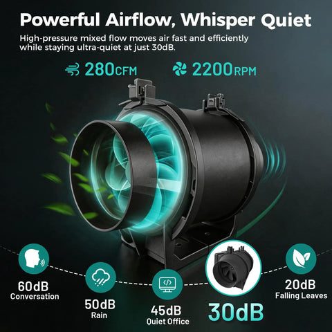 4 Inch Duct Fan With Speed Controller Inline Exhaust Fan Black, 280 CFM Airflow, 2200 RPM, Quiet 30 dB, Beast Mode Ventilation For Grow Tents, Bathrooms, Kitchens, Odor And Moisture Control on black background