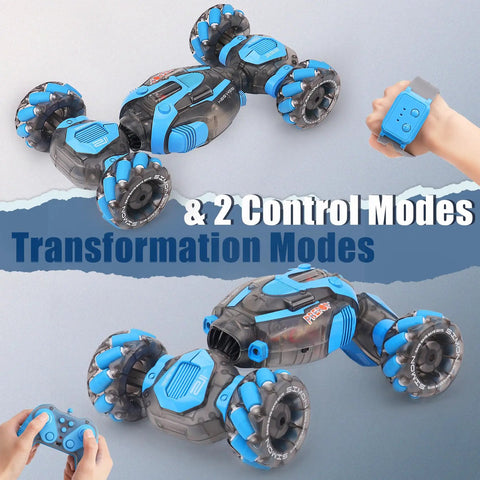 Sensing RC Stunt Car For Kids With 2.4GHz Hand Remote, Gravity Sensing Watch Control, showcasing remote and transformation modes