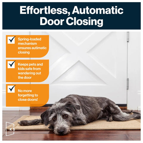 Mortise Spring Hinge Kit with Automatic Self Closing, Heavy Duty Steel Door Hinges installed on white door with pet