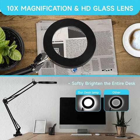 LED Magnifier Desk Lamp With Stand Three Color Modes And Stepless Dimming 5 Diopter Glass Lens over newspaper