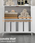 Farmhouse Style Bathroom Storage Cabinet With 2 Doors And Adjustable Shelves open showing towels and toilet paper storage inside.