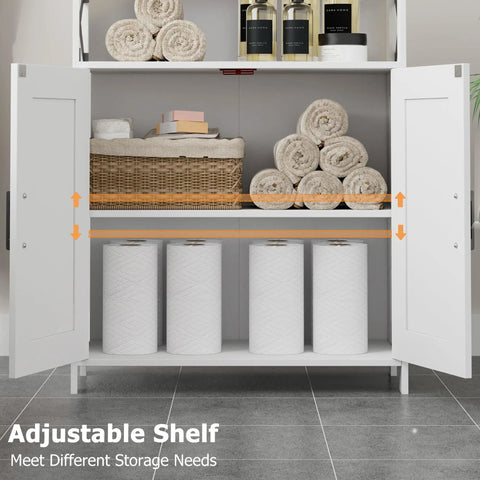 Farmhouse Style Bathroom Storage Cabinet With 2 Doors And Adjustable Shelves open showing towels and toilet paper storage inside.