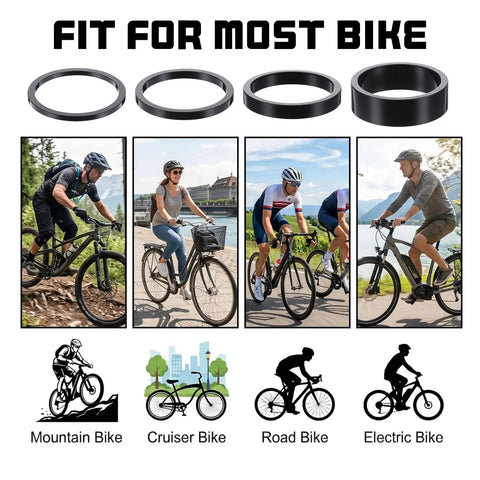 Get Your Handlebar Just Right With These Handy 12 Pack Of Aluminum Alloy Threadless Headset Spacers In Sizes 2mm 3mm 5mm And 10mm Perfect For Mountain Bikes And Road Bikes To Adjust Stem Height, shown with mountain and road bikes
