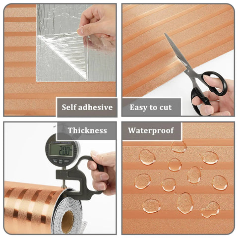 Ridiculously Sleek Rose Gold Metallic Peel And Stick Wall Panels Shimmer Stripe with self-adhesive backing and waterproof feature.