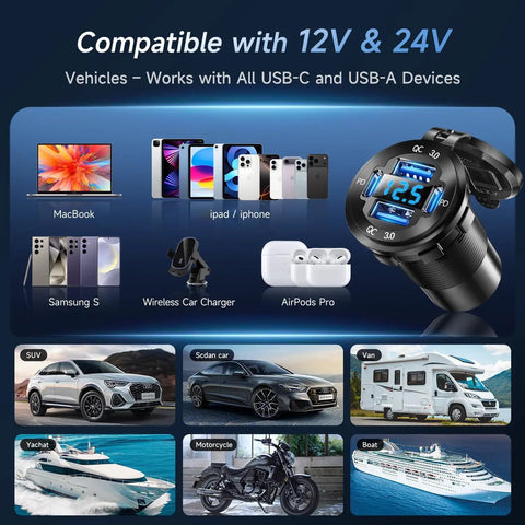 Upgrade Your Daily Whip With This Four Port 12V USB Car Charger Featuring Bright LED Voltmeter And Dual PD30W QC18W Fast Charging Ports Crafted From Rugged Aluminum Alloy For Every Cruiser Setup, compatible with various devices.