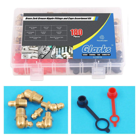 180Pcs SAE Brass Hydraulic Grease Fittings Kit Pro Grade with caps, includes straight, 45° and 90° angles, auto shop use