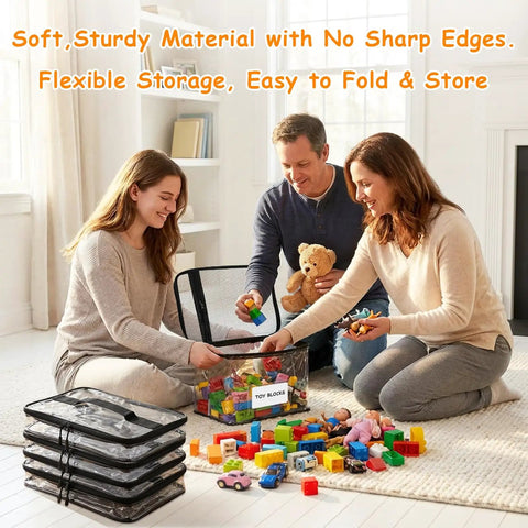 Family using 6 Pack Extra Large Clear Toy Storage Bags With Name Tags And Mesh Pockets Waterproof PVC Organizer For Toys Board Games Building Blocks Puzzles And Dolls With Black Edges