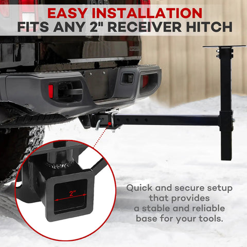 Heavy Duty Hitch Vise Mount Plate for 2 Inch Receivers installed on truck, showing adjustable height and portable design.