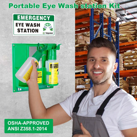 Portable Dual Eyewash Station Kit, Upgraded Emergency Eyewash Bottles for Your Go To Quick Eye Cleansing, Wall Mount First Aid, 16oz Each, ANSI Z3581 2014 Certified, OSHA Approved, 2 Pack No Solution shown mounted on wall in warehouse setting
