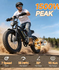 Person riding Beast 1500W Peak Electric Bike for Adults with Fat Tires, off-road, showcasing 7-speed Shimano gears and full suspension.