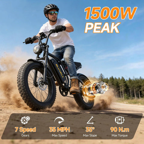 Person riding Beast 1500W Peak Electric Bike for Adults with Fat Tires, off-road, showcasing 7-speed Shimano gears and full suspension.