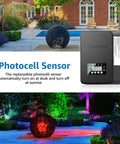 12 Pack RGBW Color Changing Outdoor Landscape Lights Kit With 300W Low Voltage Transformer shown with sensor and garden