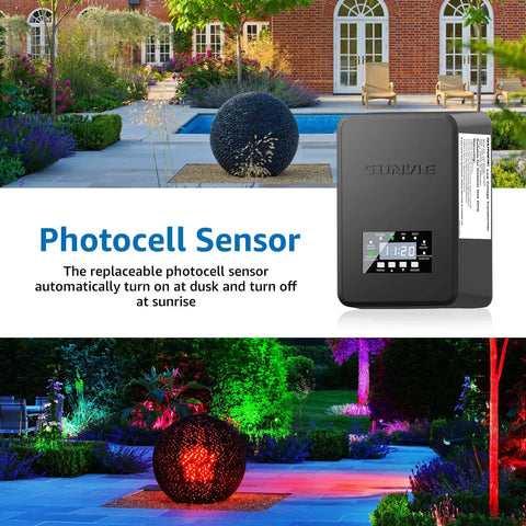 12 Pack RGBW Color Changing Outdoor Landscape Lights Kit With 300W Low Voltage Transformer shown with sensor and garden
